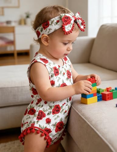 UNICOMIDEA Baby Girl Clothes Summer Red Floral Infant Girl Romper Sleeveless Toddler Bodysuit With Headband One Piece Infant Jumpsuit Clothing for 12-18 Months Beach — view 3