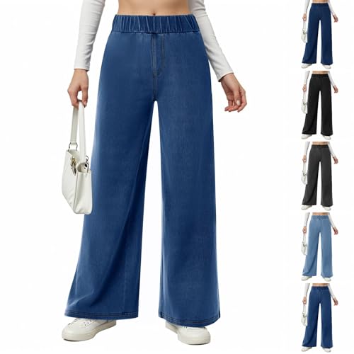 Womens Wide Leg Jeans Stretchy Mid Elastic Waist Pull On Jeans Baggy Boyfriend Comfy Denim Pants Trendy Streetwear