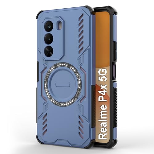 Image of amazon basics Back Case Cover for Realme P4x 5G | Magnetic Case with Built-in Metal Ring | Supports MagSafe Charger, Wallet & Car Mount | Shockproof Hybrid PC + TPU | Blue