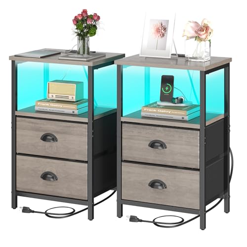 Image of sthmec Nightstand with Charging Station, LED Night Stand Set of 2, Bedside Table End Table with Drawer, Bedroom Tables with 2 Fabric Drawers, 3-Tier Storage Side Table for Bedroom,Grey