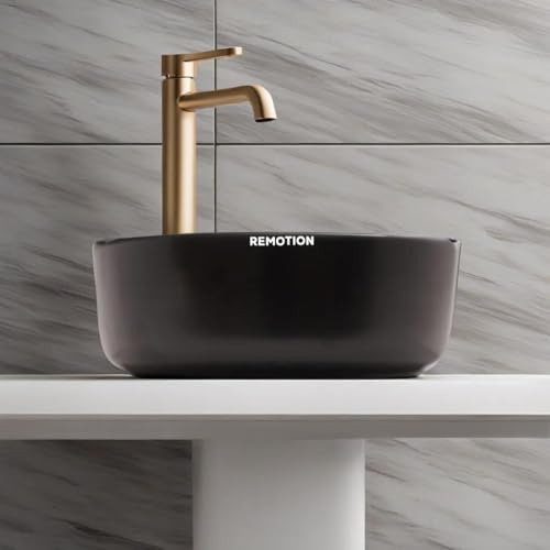 Image of REMOTION Round Countertop Wash Basin For Bathroom | Tabletop Ceramic Bathroom Sink | Wash Basin Over Counter | Wash Basin For Living Room, Resturent (12.5 x 12.5 x 5 Inch) (Matte Black)
