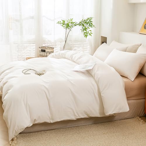 Image of ECOCOTT White Duvet Cover Full Size, 100% Washed Cotton 1 Duvet Cover with Zipper and 2 Pillowcases, Ultra Soft and Easy Care Breathable Bedding Set (White, Full)