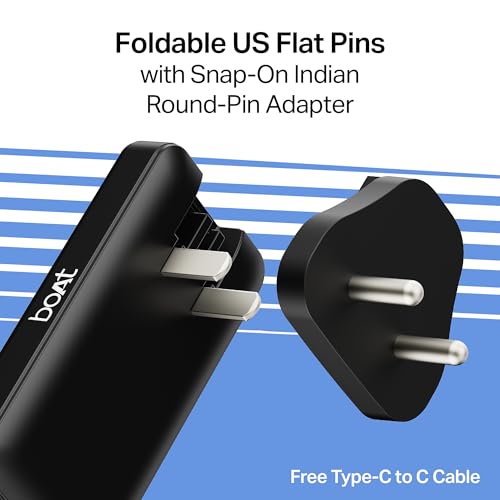 Image of boAt 65W GaN Nano Charger, Fast Charging PD, PPS & QC 3.0 in Ultra-Slim Body,Foldable US Flat Pins & Snap-On Indian Round-Pin; GaN Chip Tech; USB-C & USB-A Output, Free Type-C to C Cable(Carbon Black)