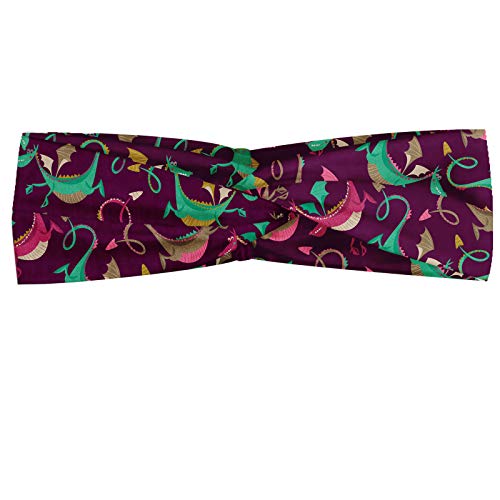 Preisvergleich Produktbild ABAKUHAUS Drachen Halstuch Bandana Kopftuch, Mythologische Fantasiewelt Märchen Tiere mit einem lustigen Lächeln auf purpurrotem Hintergrund, Elastisch und Angenehme alltags accessories, Mehrfarbig