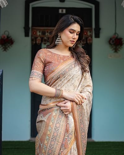 Image of ALMAARI FASHION Cotton Saree for Women with Floral Printed Design and Traditional Zari Border, Soft Lightweight Ethnic Saree for Wedding Festive Party Office Wear with Blouse Piece