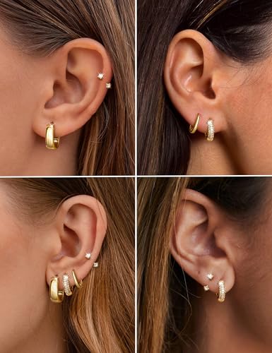 Small Chunky Gold Hoop Earrings for Women Trendy - 14K Gold Plated Huggie Hoops Earring Set Thick Silver Jewelry Hypoallergenic Earrings Stacks for Sensitive Ears3
