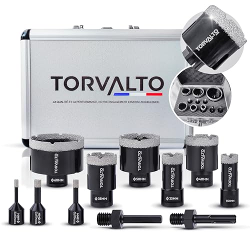Kit foret diamant Professionnel TORVALTO 6/8/10/20/25/35/40/50/68 + 2 adaptateurs HEX/SDS inclus pour perceuse. Idéale pour Carrelage Porcelaine Marbre...