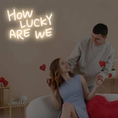 Image of How Lucky Are We Neon Sign, Romantic Anniversary LED Light, Home Bedroom Wall Decor,Valentine's Day Decor, Wedding Neon Wall Art, 15.7 inchx11 inch, Warrm White