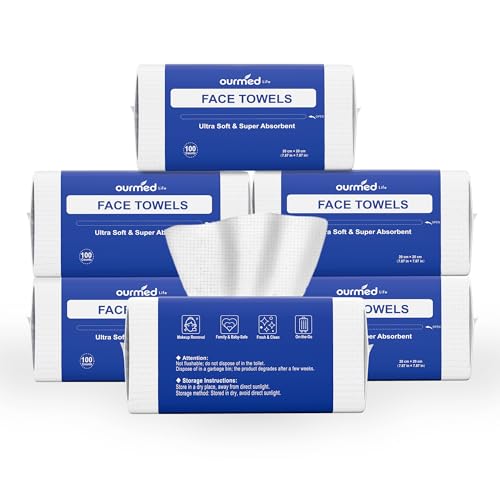 Image of Ourmed Life Face Towels, Disposable Biodegradable Clean Facial Towels for Sensitive Skin, Lint- free Face Cloths for Makeup Remover, Skincare and Women Cleaning, Dry Wipes,600 Count EF Texture