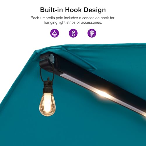 PURPLE LEAF 14ft Patio Market Umbrella with Solar LED and Base Double-Sided Rectangle Outdoor Table Sun Umbrellas with Crank for Pool Beach Deck Backyard Turquoise Blue — view 5
