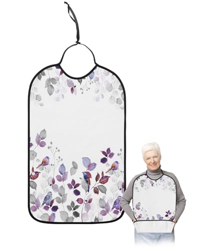 LEOKOTI Purple Grey Botanical Adult Bibs for Eating, Waterproof Bibs with Food Catcher & Adjustable Snap Closure, Pastoral Farmhouse Leaf Birds Washable Clothing Protectors Adult Bibs for Elderly