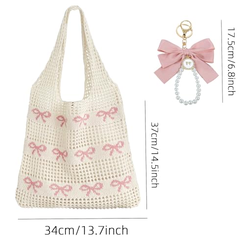 Image of JeVenis Crochet Tote Coquette Bow Aesthetic Beach Mesh Knitted Shoulder Bag