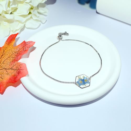 Forget-Me-Not and Queen Anne's Lace Real Pressed Flower Bracelets for Women,Unique Handmade Design,Boho Cute Bracelet,Thoughtful Gift for Christmas,Valentine's,Mother's Day (Adjustable)2