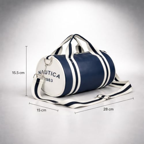 Image of Nautica Unisex 6.5L PU Mini Barrel Duffel Bag | Faux /Vegan Leather | Lightweight & Durable Silver-Tone Hardware with Stash Pocket | Weekend Travel & Gym Carry-On with Detachable Strap | Navy Blue