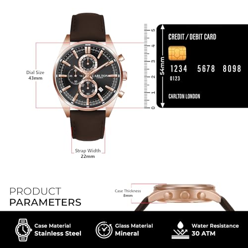 Image of Carlton London Windsor Men Analog Watch, Round Dial, Leather Strap, Quartz Movement, 43 mm Case, Slim Design, Lightweight Comfort, 30M Water Resistant, Casual Formal Wear