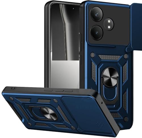 Image of SPAZY CASE Realme GT 7 Back Cover | Heavy Duty Hybrid Case with 360 Degree Rotating Finger Ring Holder + Slider Shutter Camera Protection Case for Realme GT 7 - Blue