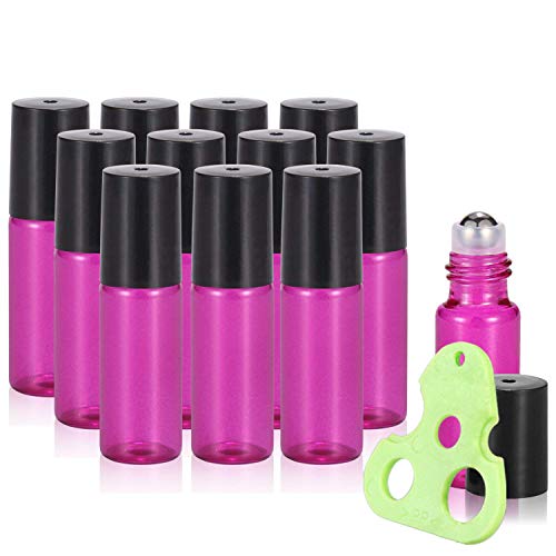 Olilia 5ml Glass Essential Oils Roller Bottles with Stainless Steel Ball 12 Pack, Essential Oils Key included (Violet)