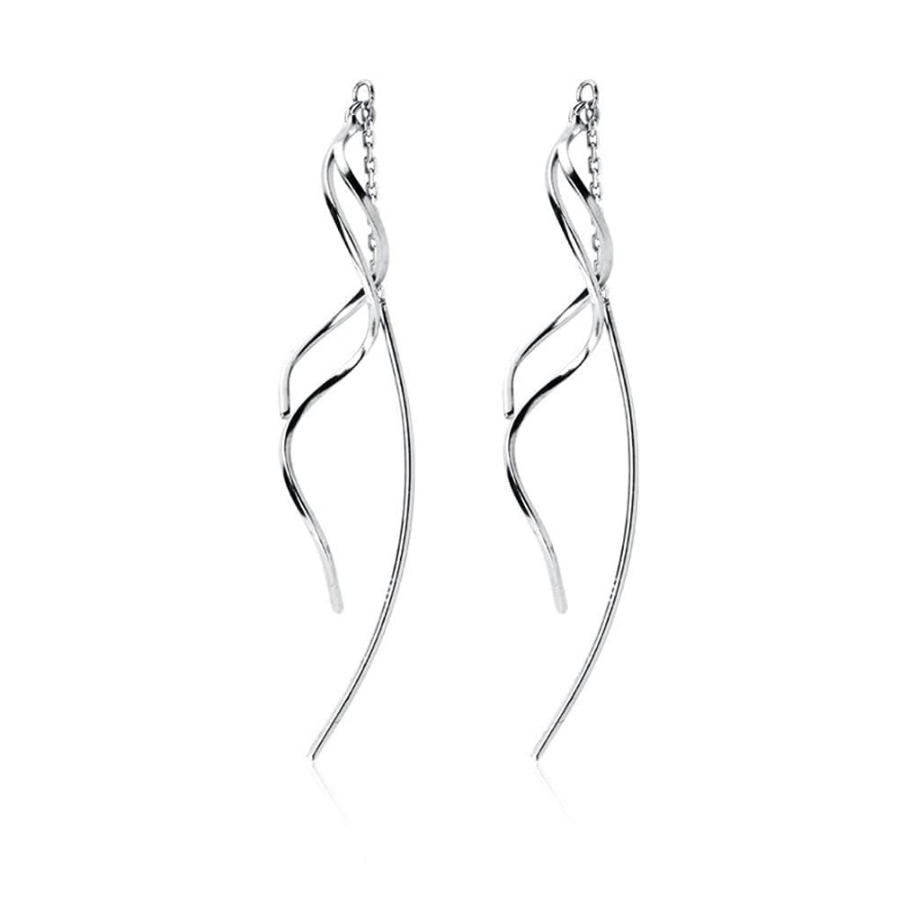 Sterling Silver Curve Dangle Earrings, Wave Threader Tassel, for Women Teen Girls Long Earrings Chain Curve Tassel (1 Pair)