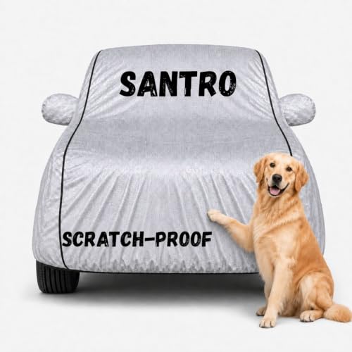 Image of Waterproof Car Cover for Santro | Soft Cotton Lining Heavy Duty Triple Stitched Heat Resistant Outdoor Cover Comes with Mirror and Antenna Pocket Full Bottom Elastic (Silver)