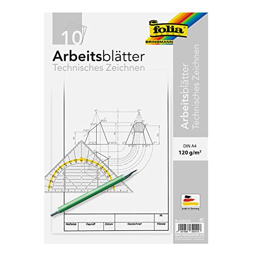 folia 8204/10 - Papel de dibujo, bloc de hojas de trabajo para dibujo técnico, DIN A4, 10 hojas, 120 g/m², color blanco, con preimpresión