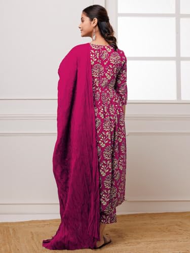 Image of GoSriKi Women's Cotton Blend Anarkali Printed Kurta with Pant & Dupatta