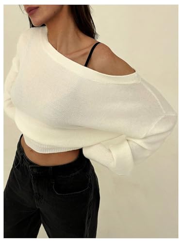 MakeMeChic Women's Long Sleeve One Shoulder Knit Top Boat Neck Lightweight Pullover Sweater2