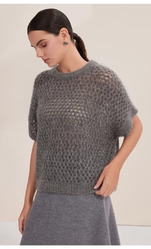 Plush Cashmere Mohair Sweaters for Women Oversized Short Sleeve Pullover Openwork Early Fall Luxury, BY45213122