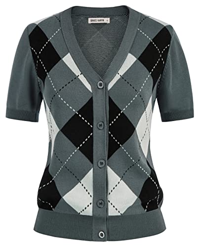 Womens Short Sleeve Argyle Cardigan Sweater Lightweight Cropped Cardigan V-Neck England Style Sweater(S,Gray Short Sleeve) #TOP23