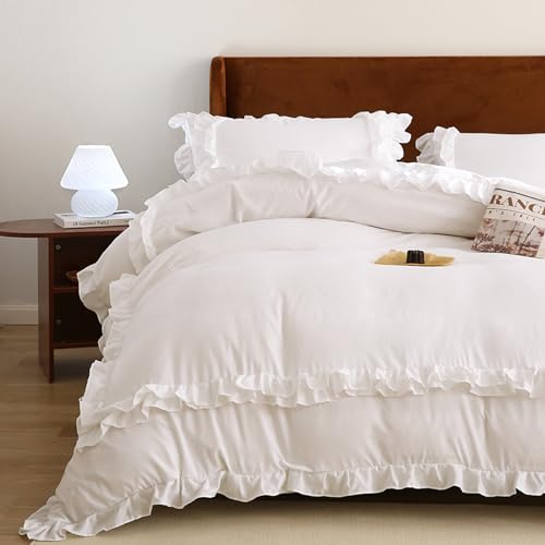 Wotcsil White Ruffle Bedding Set for Women Girls Ruffled King Duvet Cover Set Plain Duvet Cover Shabby Chic Retro Double-Layer Frill Edge Design with Pillowcase