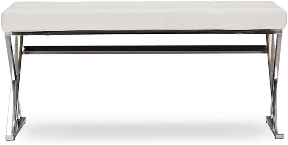 Herald White Faux Leather and Stainless Steel Rectangular Bench