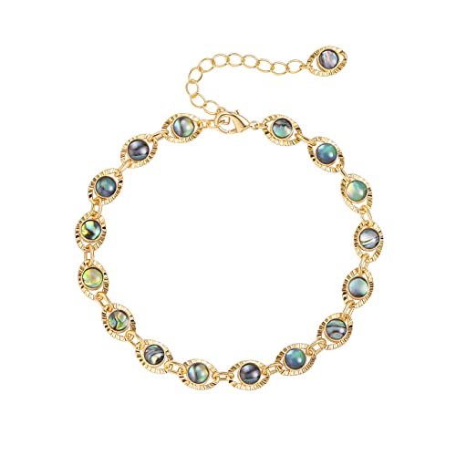 18k Gold Evil Eye Beaded Bracelet, Abalone Shell Charm Bracelet Adjustable from 7-9”