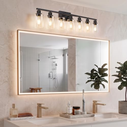 Image of MOKATNG 7-Light Bathroom Light Fixtures, Vanity Light with Clear Glass Shades, Matte Black Bathroom Light Fixtures Over Mirror, Modern Bathroom Wall Lamp for Mirror Living Room Cabinet Bedroom