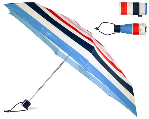 Kate Spade New York Mini Compact Umbrella with Storage Sleeve, Small for Backpack or Car (Adventure Stripe)