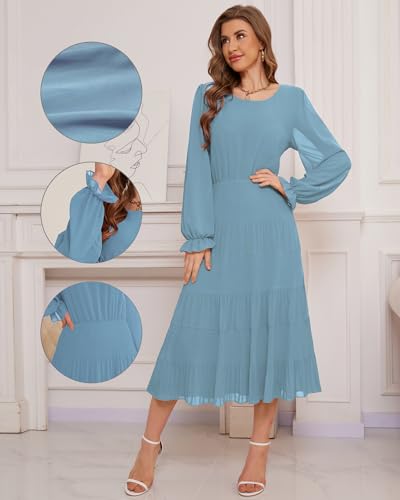 Image of CYiNu Women's Midi Dresses Long Sleeve Crew Neck Flowy Casual Floral Boho Tiered Chiffon Smocked Elegant Dress