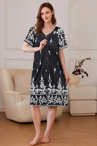 Image of Ekouaer Women Robe Zipper Front Mumu Duster Robes Zip Up Housecoat Soft Sleepwear with Pockets