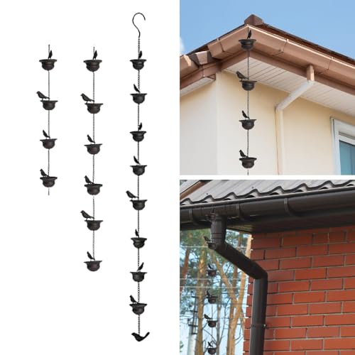 Image of Decorative Bird Rain Chain 60cm | Iron Rain Gutter Downspout Chain for Roof, Shed, Patio, Gazebo & Garden | Rainwater Catcher | Dark Bronze