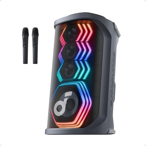 soundcore Rave 3S AI Party Speaker with 2 Wireless Microphones, 200W Sound, AI Vocal Removal, Reverb, Light Show, 12H Playtime, Portable Bluetooth PA System for Home, Party, or Backyard