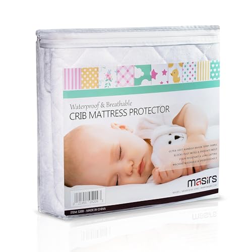 Image of Masirs Crib Mattress Protector Cover - Comfortable, Breathable and Waterproof Material. Keep The Crib Mattress Clean and Protected and Give Your Baby a Cozy Restful Sleep. Machine and Dryer Friendly.