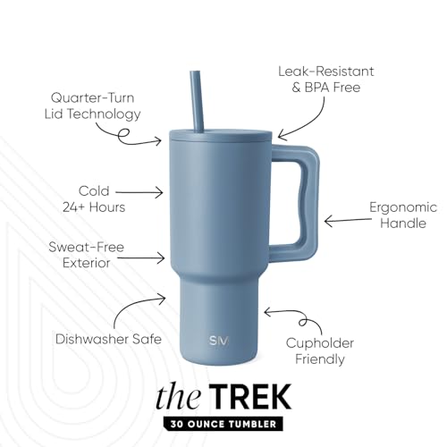 Image of Simple Modern 30 oz Trek Tumbler with Handle and Straw Lid | Cup Holder Friendly Insulated Stainless Steel Travel Mug | Blue Dune