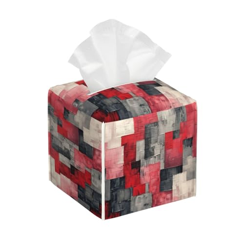 Image of NAITIZ Square Leather Napkin Box Cover, red Grey Art Patterned - Decorative Tissue Dispenser for Bathroom, Bedroom, Car Interior, and Office Space, 20240517