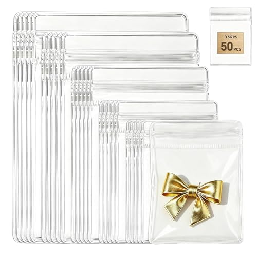 FrostyFlair Bolsa de joyería, 50 Piezas de bolsitas Transparentes de PVC con Cierre, Reutilizables para Anillos, Pendientes y Pulseras