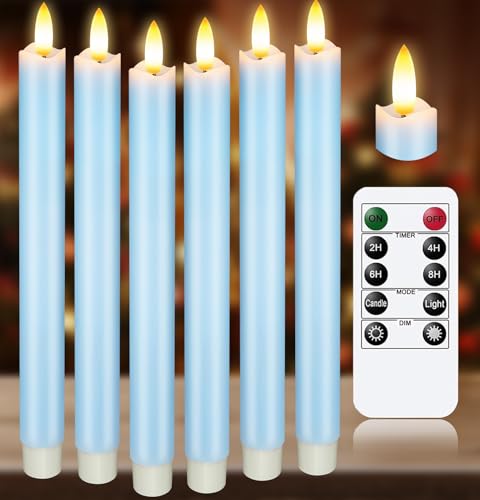 Image of KSWING Upgraded Real Wax LED Flameless Light Blue Taper Candles with Remote, 6 PCS Candlesticks Battery Operated 3D Flickering - 9.6 inch Long Realistic Fake Candle Sticks for Home /Wedding /Xmas Decor