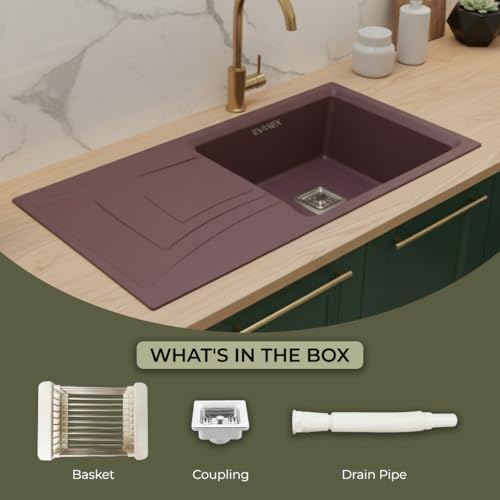Image of EVANEX Quartz Sink for Kitchen|36x18x9 inch Kitchen Sink with Drain Board|Granite Sink for Kitchen Basin /Brown Quartz Kitchen Sink with Connector, Waste Pipe, Coupling and Drain Basket