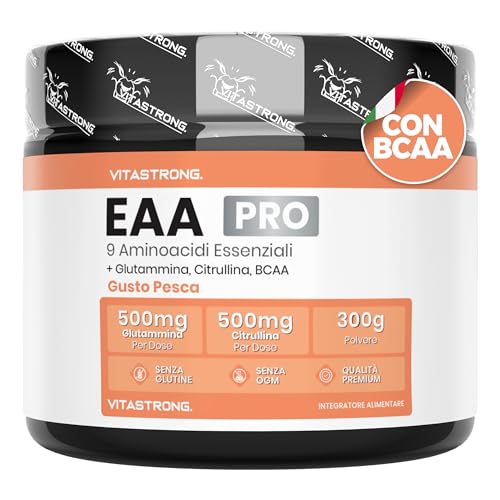 Aminoacidi Essenziali EAA PRO Vitastrong, 9 EAA Aminoacidi Essenziali Polvere 300g, BCAA Amminoacidi Ramificati, Glutammina, L Citrullina, L-Tirosina, L Lisina, L Triptofano, Metionina, Gusto Pesca
