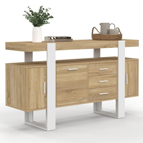 IDMarket - Buffet 140 cm Phoenix 3 Portes et 3 tiroirs Bois et Blanc