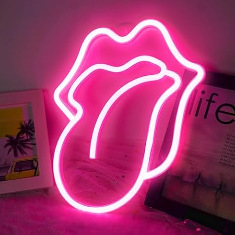 Lips Tongue Neon Signs for Wall Decor, Sexy Pink Lips Tongue LED Neon Light Signs for Bedroom Bar Pub Hotel Birthday, Halloween, Christmas Wedding Party Neon Gifts Battery/USB Powered Cover
