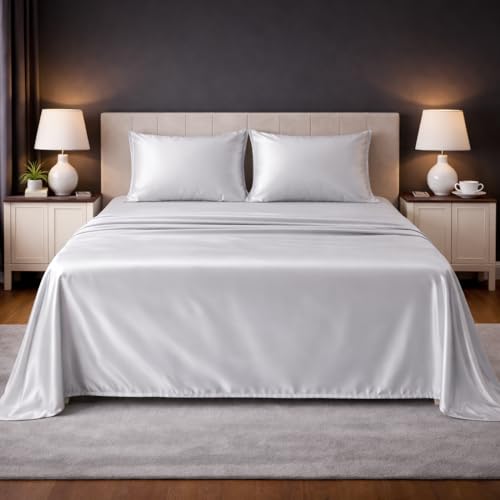 Image of LANE LINEN 100% Cotton Satin Fantasy Bedsheet Double Size - White | OEKO-Tex Certified, 100% Cotton Satin Weave, Fits Double & Queen Bed, Gentle on Skin & Hair, Wrinkle-Free