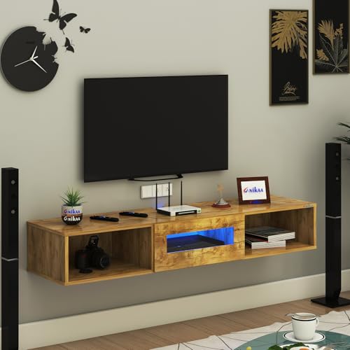 Image of Anikaa Novus Wall Mount Modern Floating TV Unit for Living Room with Open Shelf Storage Cabinet & Middle Cabinet Blue LED Light (Ideal for 32 to 65 inch TV, DIY Installation, Gaintwood Finish)