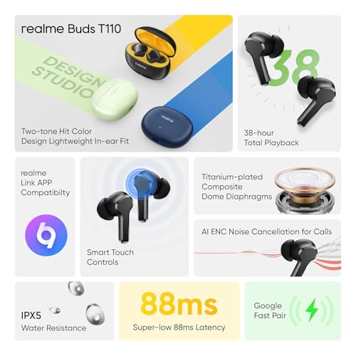 Image of Real Me T110 Buds | 50dB Active Noise Cancellation, Hi-Res LHDC Audio, 12.4mm Dynamic Bass Driver, 6 Mic Clear Voice Calls, 51,IP55 Waterproof,TWS for Apple & Android (T110, Volt Black)