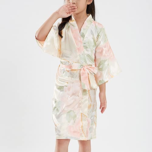 Girls Silky Satin Kimono Robe Cute Flower Graphic Nightgowns Bathrobe with Belt Soft Summer Loungewear Pajamas Dress2